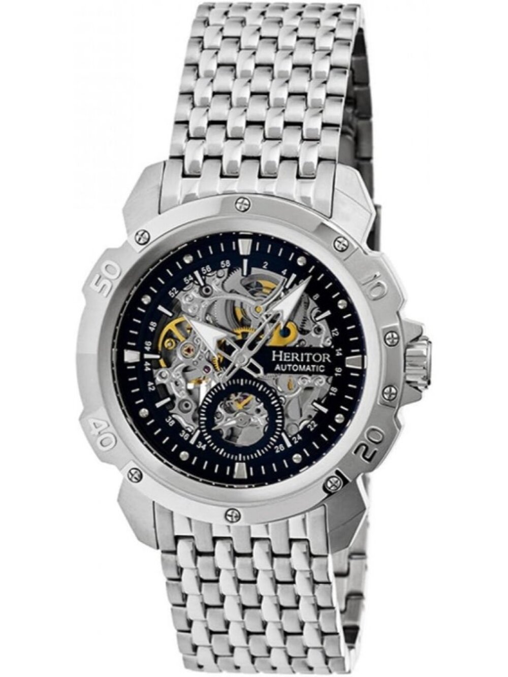 Men's Silver Black Skeleton Automatic Movement Stainless Steel Strap Wrist Watch